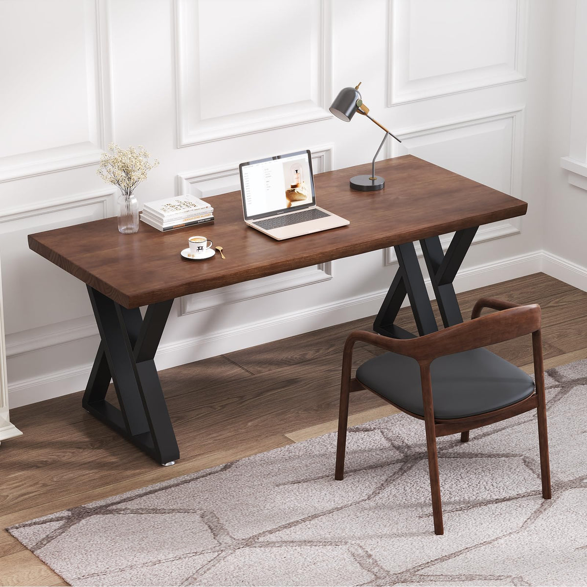 tiedingding Solid Wood Desk 47 Inch, Rustic Wooden Writing Desk with Sturdy Metal Frame, Modern Simple Design Executive Real Wood Computer Desk for Home Office, Bedroom & Living Room (Natural Finish)
