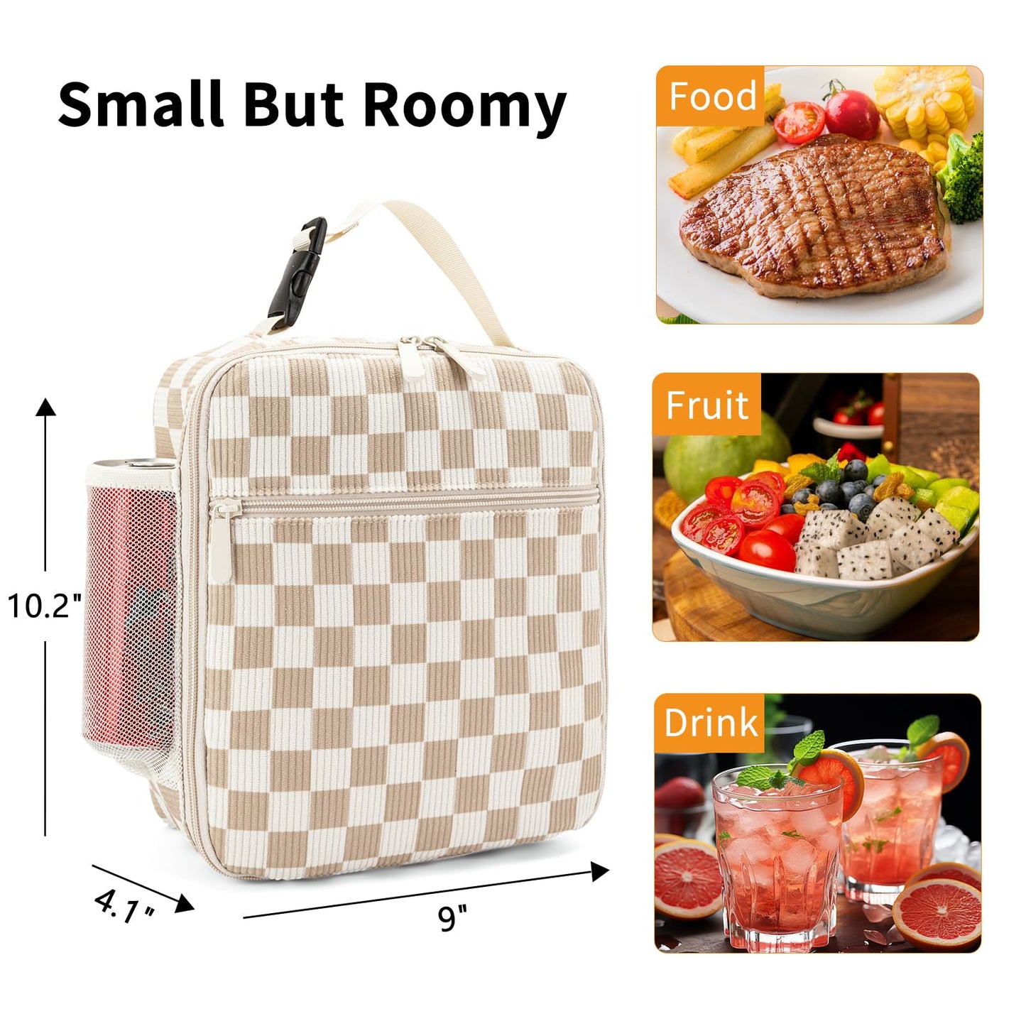 OYLOLA Lunch Box for Women Men Adult Insulated Lunch Bag Women Men Small Reusable Lunchbox for Work Picnic Travel (Beige-Brown Plaid)