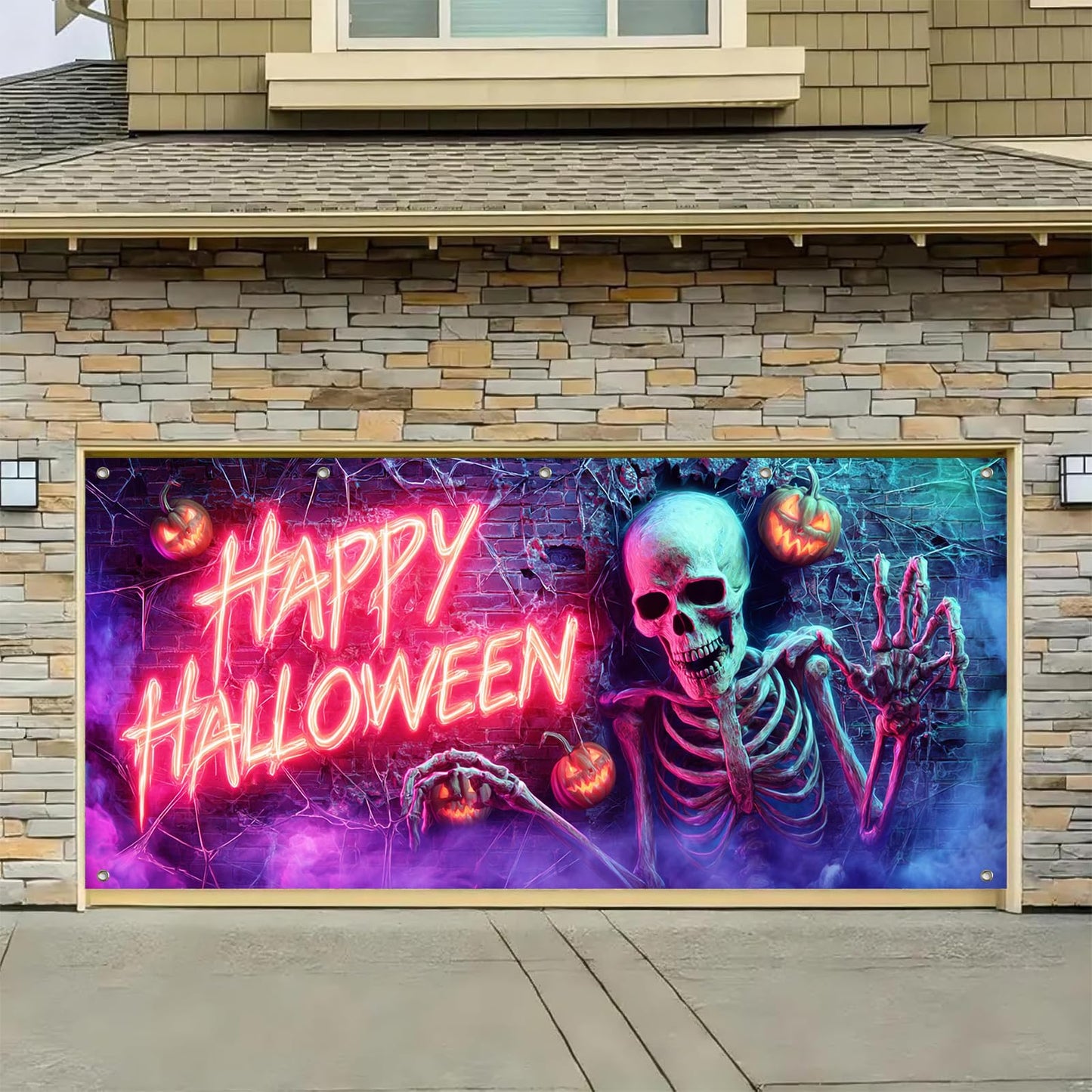 HOMETITUTE Halloween Garage Door Banner 13x6ft Neon Skeleton Decor Happy Halloween Sign Pumpkin Lantern Brick Wall Spider Web Spooky Party Decorations Creepy Backdrop Indoor Outdoor