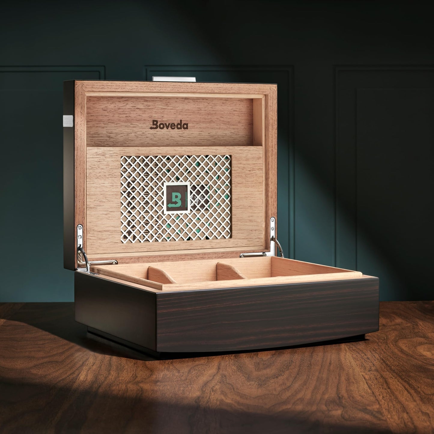 Boveda Bespoke Spanish Cedar Humidor Cigar Box with Macassar Ebony Matte Finish, Custom-Built Holder, Includes 84% Seasoning Packs and 69% Size 320 Humidity Pack, 50 Cigar Capacity