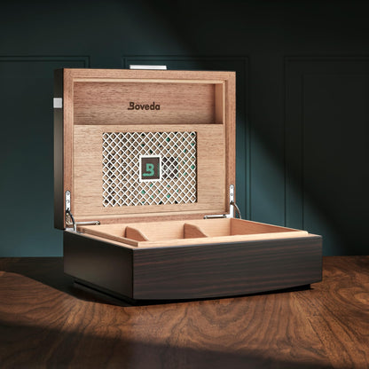 Boveda Bespoke Spanish Cedar Humidor Cigar Box with Macassar Ebony Matte Finish, Custom-Built Holder, Includes 84% Seasoning Packs and 69% Size 320 Humidity Pack, 50 Cigar Capacity