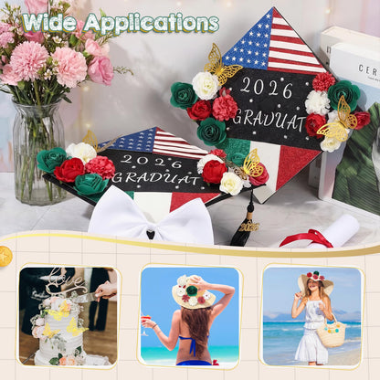 WinnerWhy 51Pcs DIY Mexican American Flag Graduation Cap Decorations 2026 Handmade Mexican American Grad Hat kit Included Faux Flower Heads Letter 3D Butterfly Stickers for Craft Graduation Cap Topper