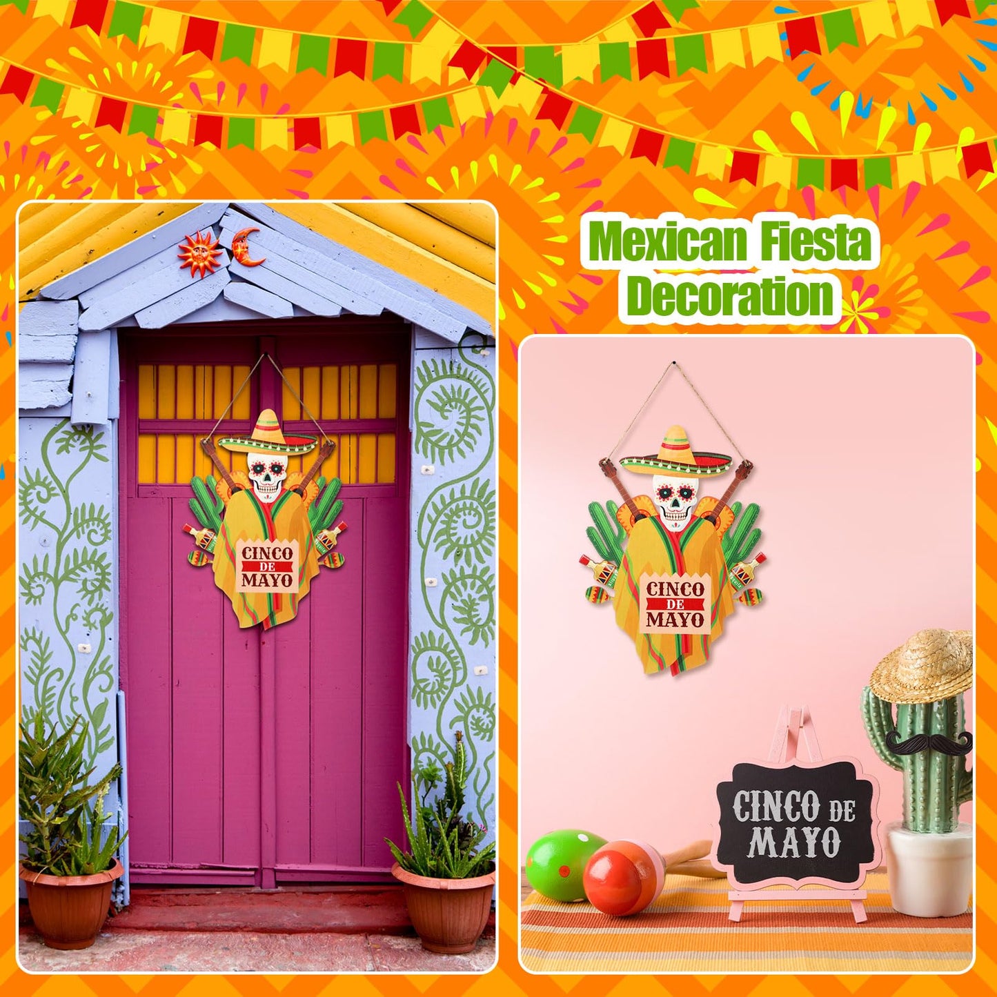 Menkxi 1 Pcs Cinco De Mayo Door Sign Decoration Mexican Skeleton Front Door Welcome Hanger Wreath Wooden Hanging Signs for Cinco De Mayo Party Supplies(Mexican Theme)