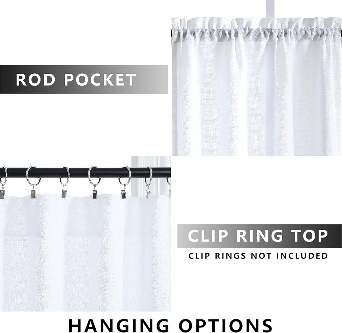 White Kitchen Curtains 36 Inch Length - Sets of 2 Panels Rod Pocket Cafe Curtains for Bathroom, Semi Sheer Short