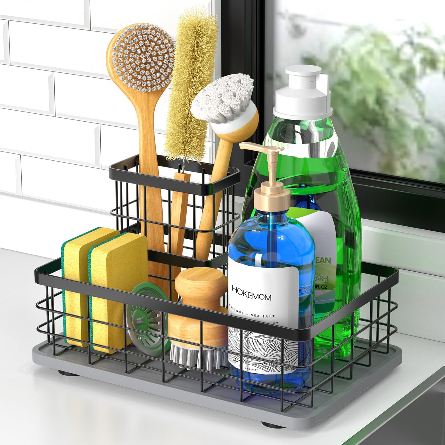 HOKEMOM Kitchen Sink Caddy Organizer, [Stay-Dry Anywhere & No Drainage Needed] Sponge Holder for Kitchen Sink Countertop,Stainless Steel with Rust-Resistant Coating-10.24" L x 6.5" W x 5.83" H