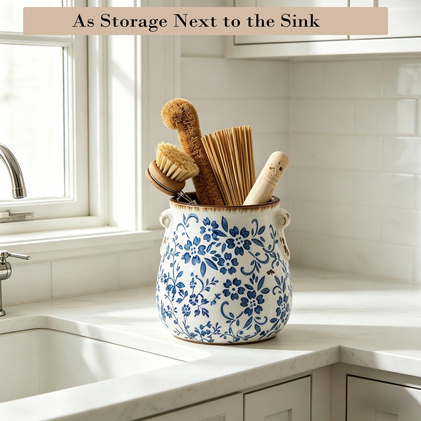 Utensil Holder for Kitchen Counter, Modern Farmhouse Rustic Cooking Utensil Holder and Crock, Exquisite Chinoiserie Floral Ceramic Utensil Organizer for Home Kitchen Decor- Blue and White Porcelain
