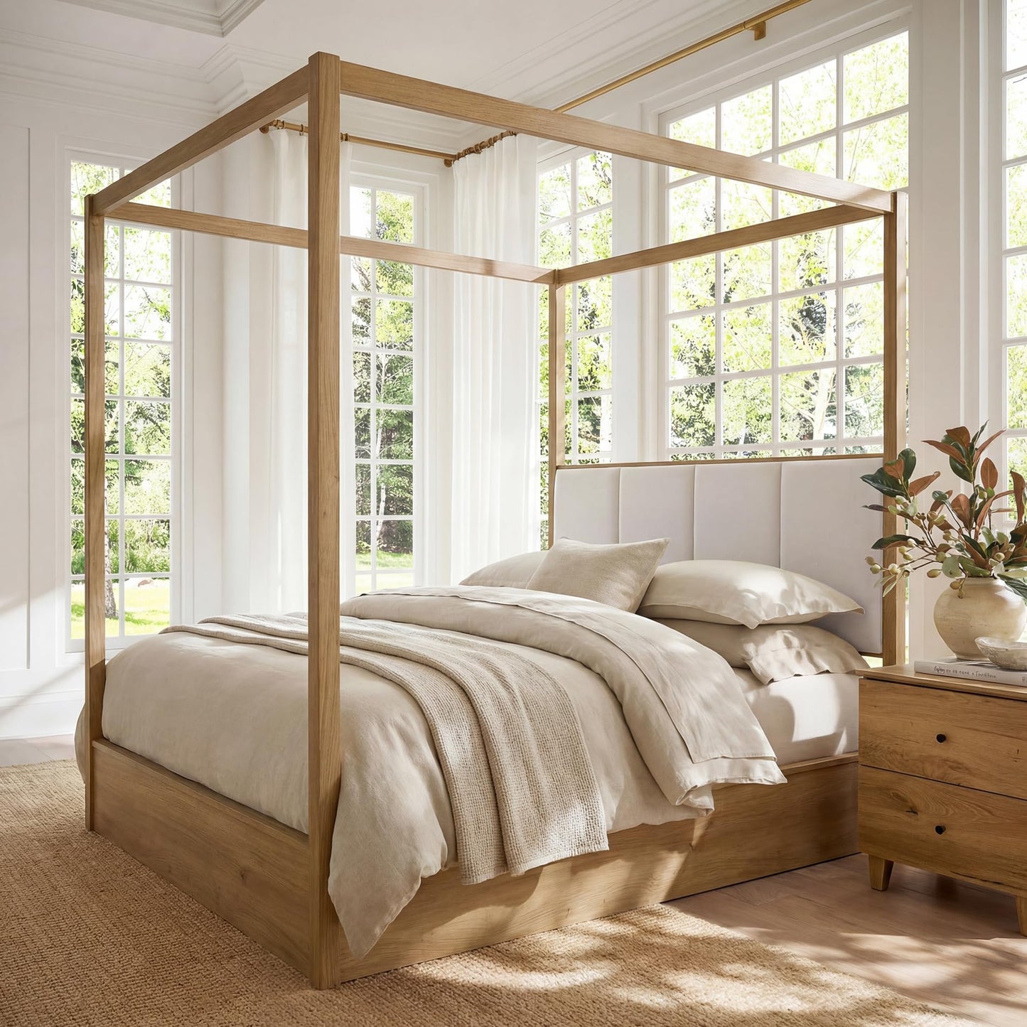 WAMPAT Wood Canopy Bed Frame Queen Size, Solid Wood Poster Bed with 12 Slats and Support Legs, 800 lbs Capacity, No Box Spring Needed, Modern Oak Wooden Bed with Upholstered Headboard for Bedroom