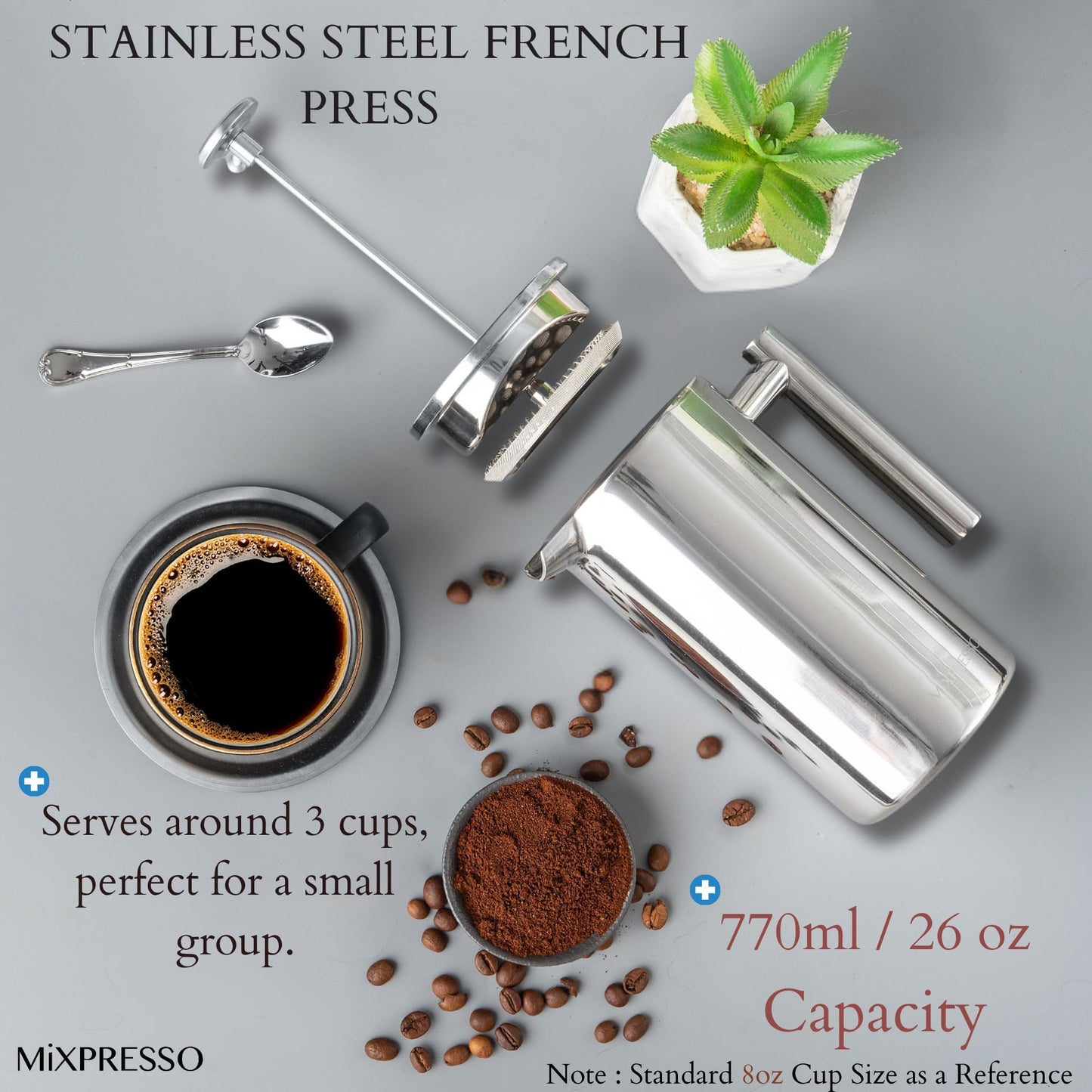 Mixpresso Stainless Steel French Press Coffee Maker 26 Oz 770 ml, Double Wall Insulated French Press Stainless Steel, Easy Clean Tea Brewer, Easy Press Durable Metal Coffee Press