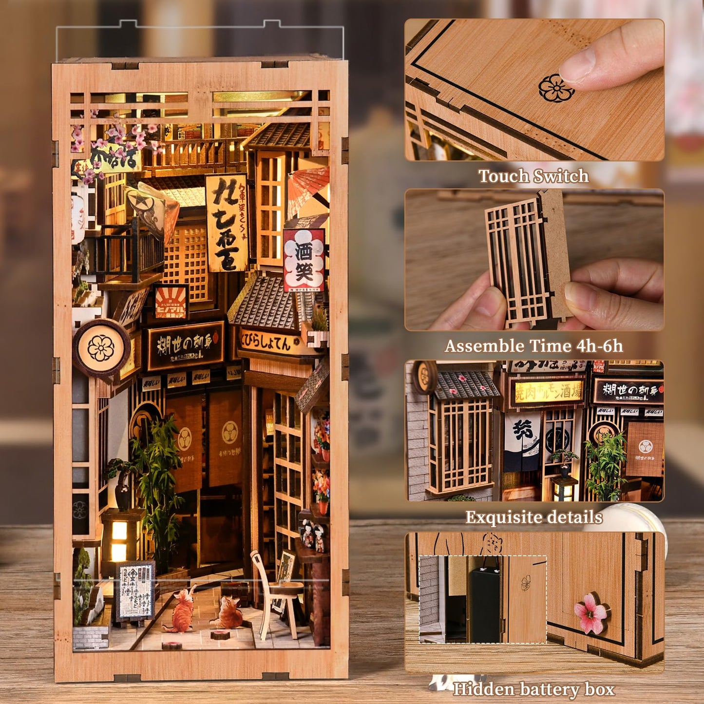 Reenovan Book Nook Kit, DIY Miniature House Kit for Adults & Teens, Japanese Alley Scene Bookshelf Insert Decor with LED, 3D Wooden Puzzle Gift for Book Lovers (Cat Alley)