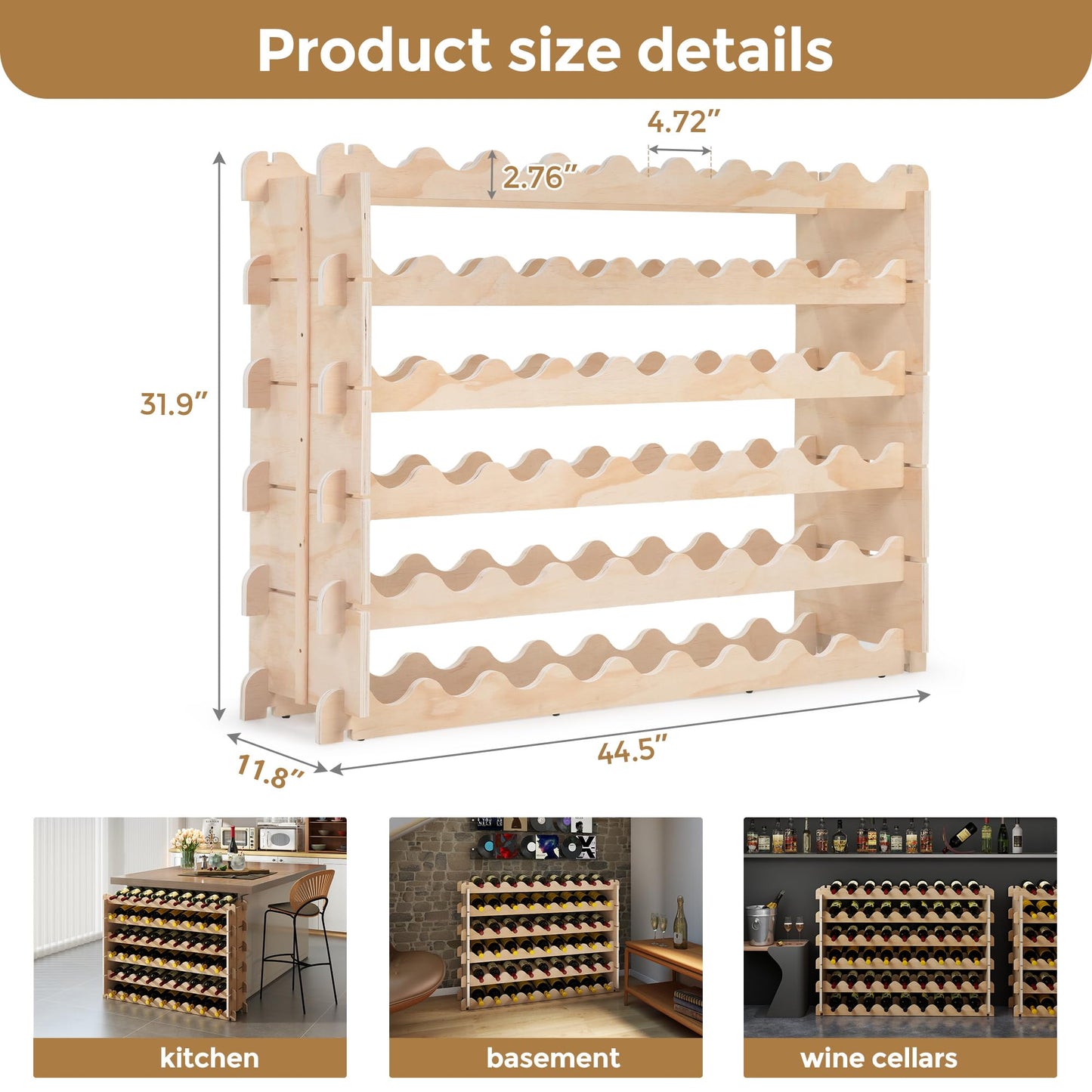 Stackable Wine Rack - 6-Tier Wobble-Free Modular Wine Holder, Freestanding Wooden Wine Storage Shelf for 750ML Bordeaux/Riesling/Burgundy Bottles, Fit Kitchen Cellar Gift for Wine Lovers(54 Bottle)