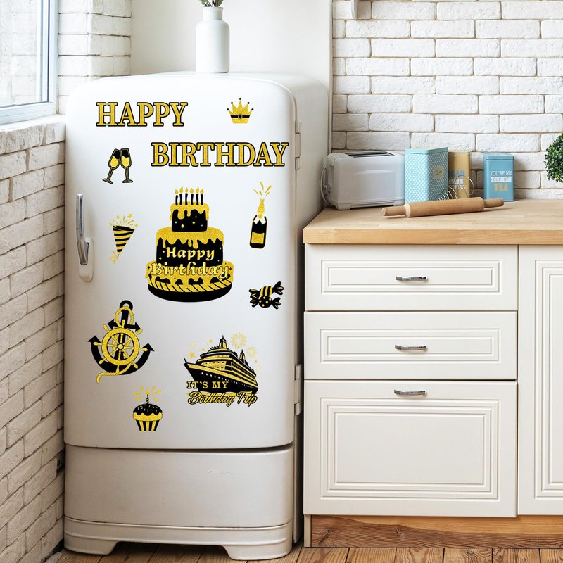JarThenaAMCS Birthday Cruise Door Magnets Decoration Black Gold Happy Birthday Cruise Ship Magnetic Stickers for Cabin Ship Car Refrigerator Carnival Party Supplies, 16Pcs