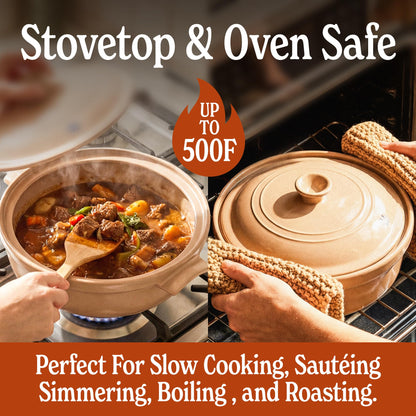Magnifique 5 Quart Flami Pot with Lid, Natural Clay Pot for Cooking, Non-Toxic PFAS-Free Ceramic Casserole Dish for Oven & Stovetop, Dutch Oven Style for Slow Cooking, Baking & Serving, Brown Sugar