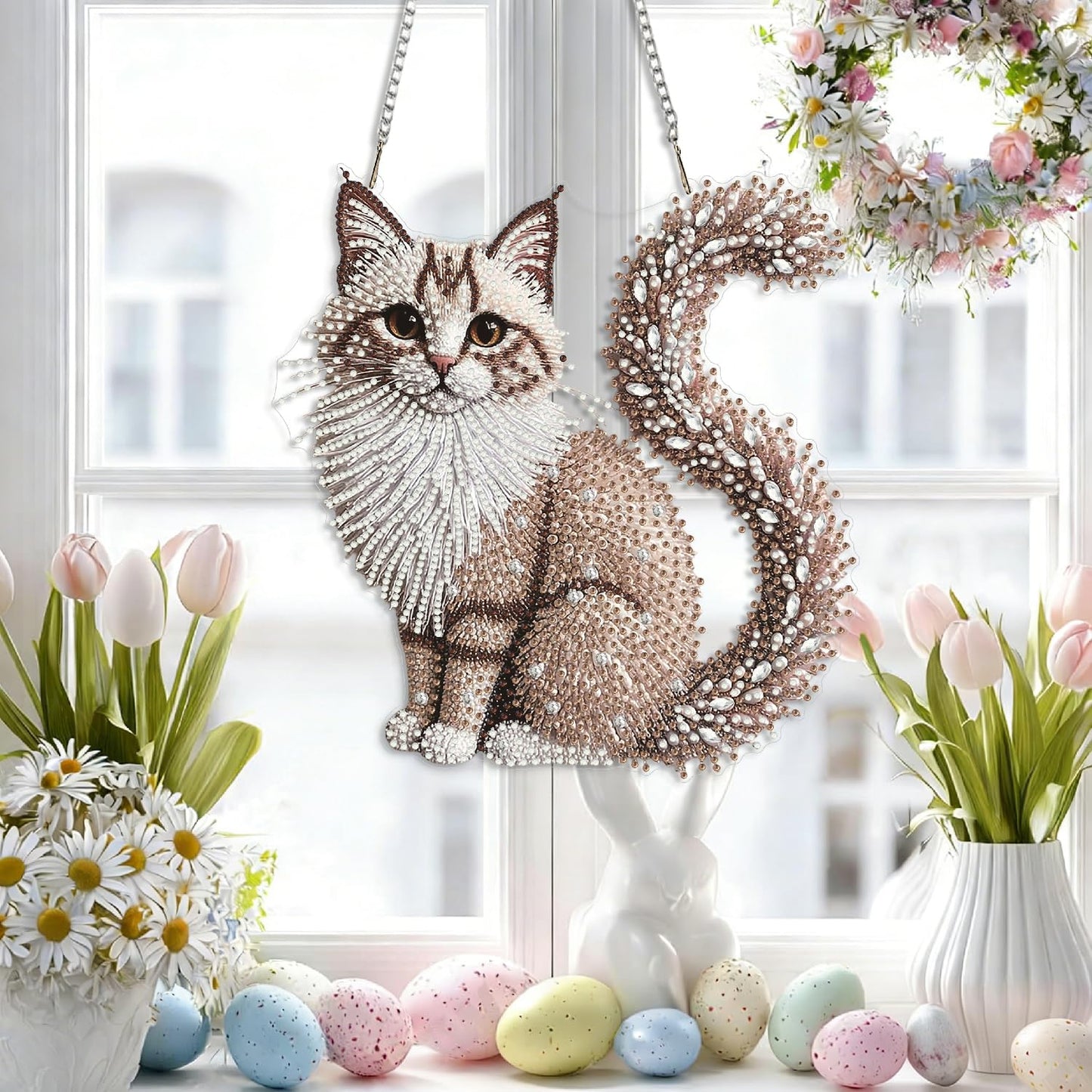 LPDJITO DIY Hanging Diamond Art Pendant Painting Kit Cat, Acrylic Diamond Art Board Ornament for Adults