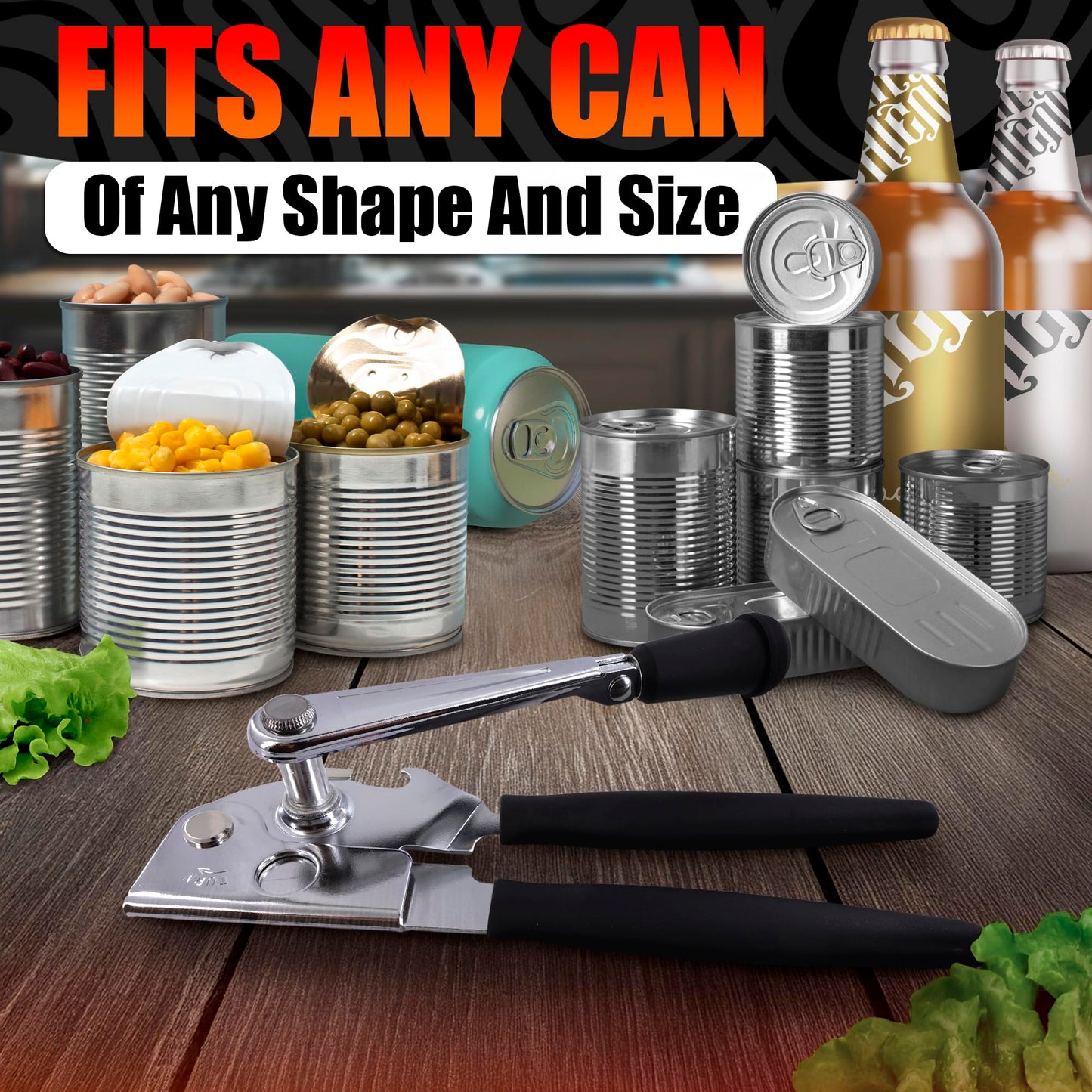 Heavy Duty Commercial Can Opener – Stainless Steel Can Opener for Large & Small Cans, Manual 360° Smooth Crank with Ergonomic Long Handles, Non-Slip Grip, 2-in-1 Bottle Opener for Restaurants & Home