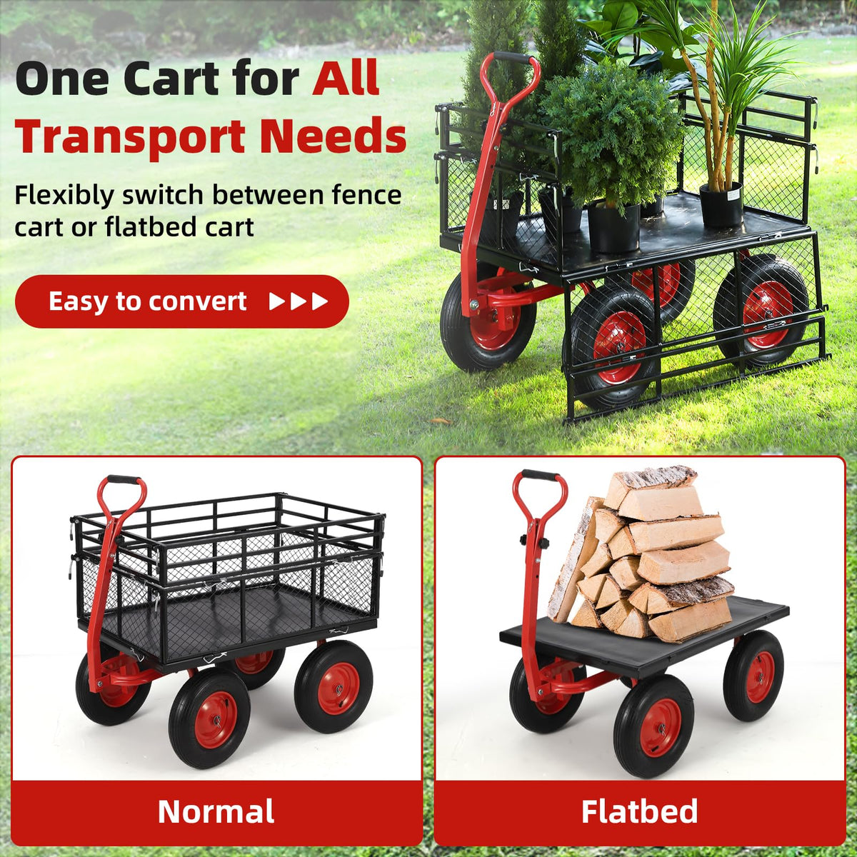 1400 lbs Steel Garden Cart, Heavy Duty Metal Yard Utility Wagon with Removable Mesh Sides, 2-in-1 180° Rotating Handle and 16 inch Wheels, Steel Utility Wagon Perfect for Garden, Farm, Yard
