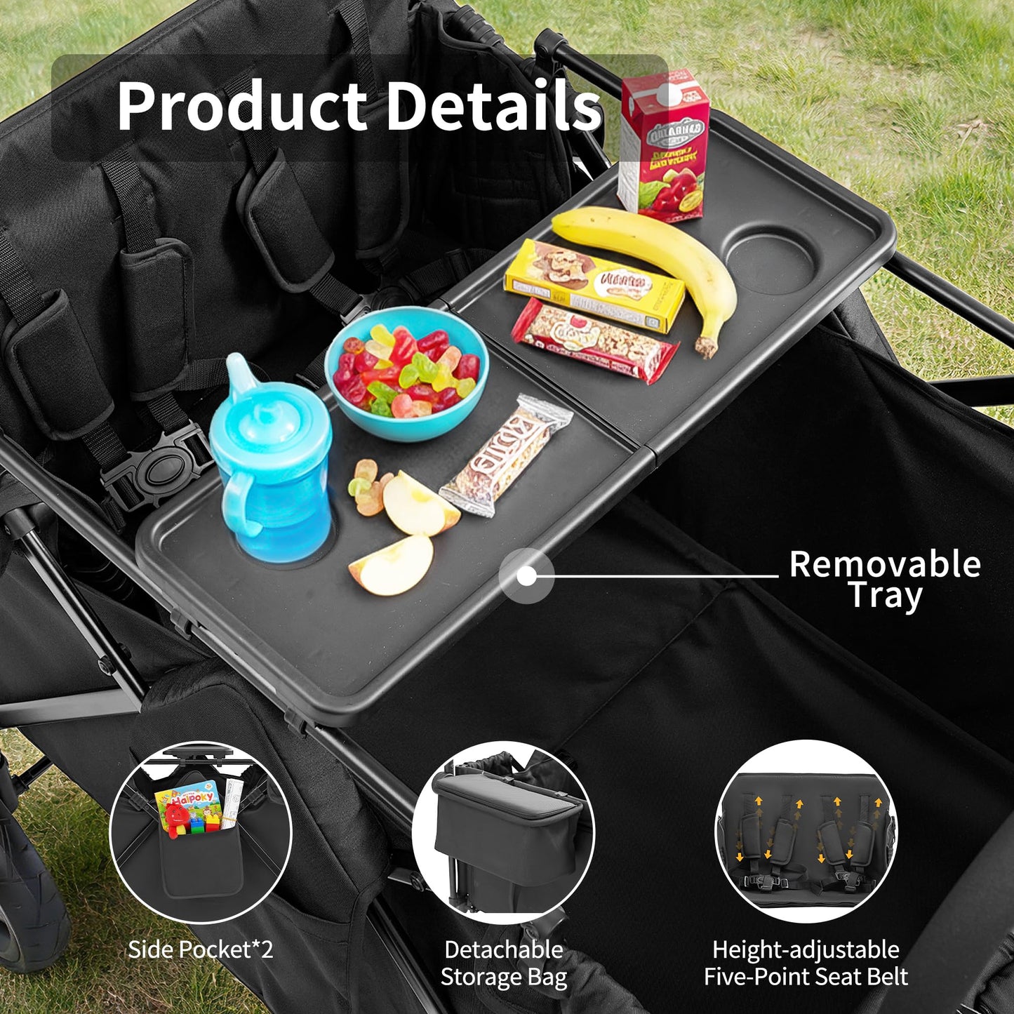 Stroller Wagon for 4 Kids, 4 Seater Wagon Stroller with Convertible Seats Footrests, Snack Tray, Storage Bag, Removable Canopy, Wagon Stroller 4 Seater with Double Push Handle (Black-Convertible)