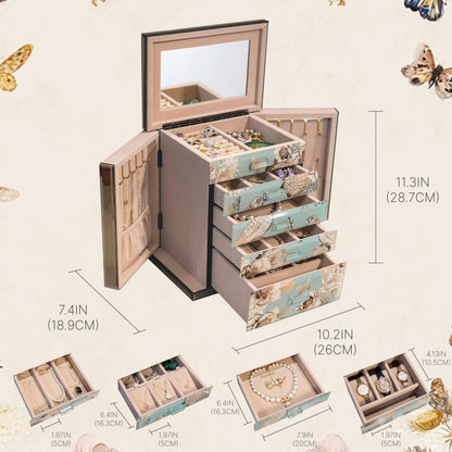 Homruilink High End Glass Jewelry Box, 5 Layer Jewelry Organizer for Women, Side Doors & Mirror, Velvet-Lined Storage for Rings & Necklaces, Ideal Gift (Bird & Floral)