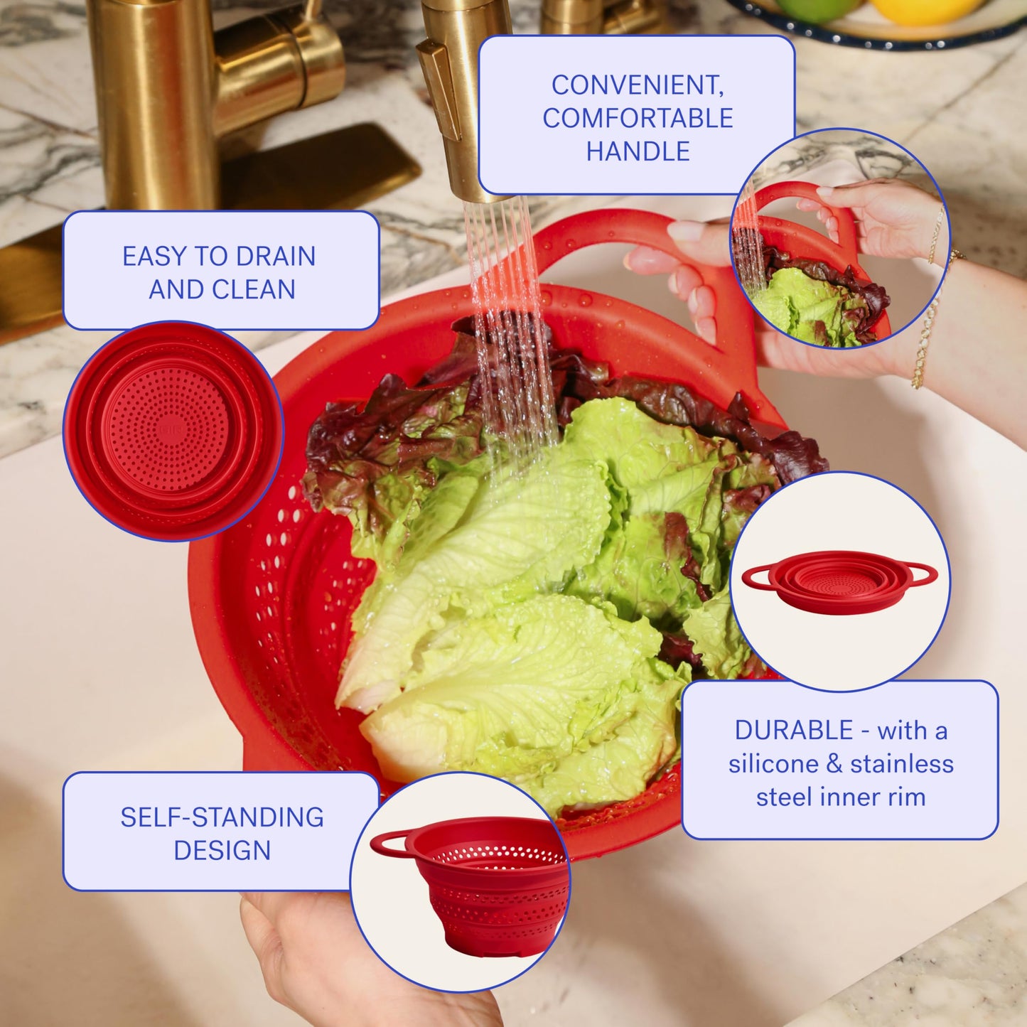 GIR Collapsible Colander for Kitchen, Silicone Strainer and Steamer, BPA-Free, Heat-Resistant, Space-Saving Collapsible Strainer with Stainless Steel Rim, Dishwasher Safe - Red