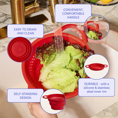 GIR Collapsible Colander for Kitchen, Silicone Strainer and Steamer, BPA-Free, Heat-Resistant, Space-Saving Collapsible Strainer with Stainless Steel Rim, Dishwasher Safe - Red