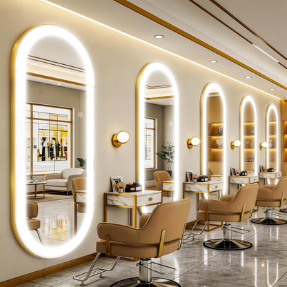 FENNIO 70" x 32" Large Wall Mounted Mirror with LED Lights, Oval Full Length LED Lighted Full Body Dressing Mirror,Salon Mirrors for Hair Stylist,Brushed Aluminum Frame, Tempered Glass(Gold