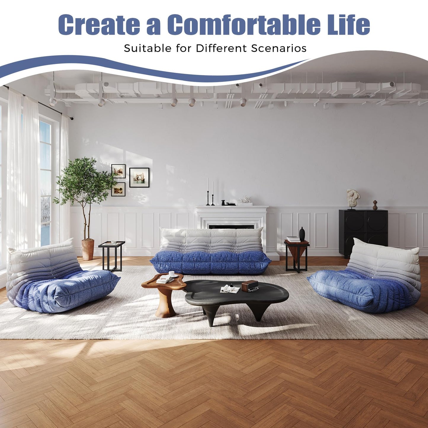 Selyteramy 3 Seat Oversized Bean Bag Chairs for Adults, Memory Foam Fireside Beanbag Couch, Comfy Bean Bag Lounger Lazy Sofa for Living Room, Bedroom, Playroom, White + Blue