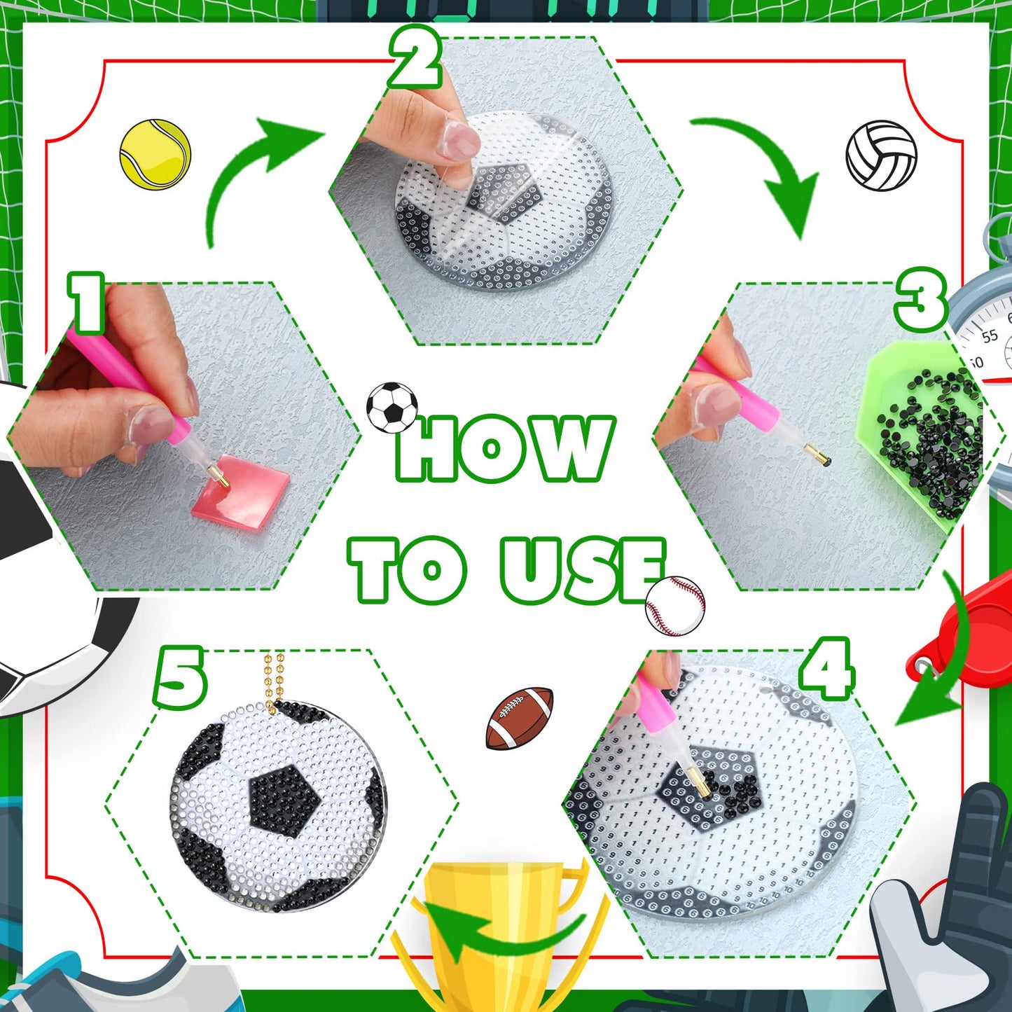 Tudomro 24 Pcs Sports Balls DIY Diamond Art Painting Keychain Kits 5D Soccer Football Baseball Softball Ball Drill Art Key Chain Set for Sports