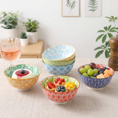 Dessert Bowls Set of 6 - Small Ceramic Bowls for Ice Cream, Snack, Rice - Colorful Cute Style - Microwave and Dishwasher Safe - 4.75 Inch - 10 oz