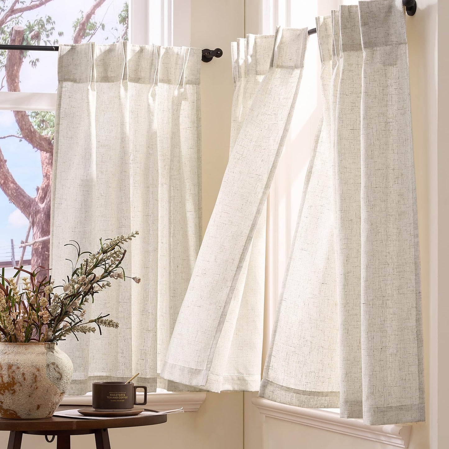 jinchan Linen Pinch Pleated Kitchen Curtains 30 Inch 2 Panels, Natural Linen Tier Curtains Back Tab Farmhouse Cafe, Light Filtering Small Window Drapes for Bathroom Laundry Room Beige