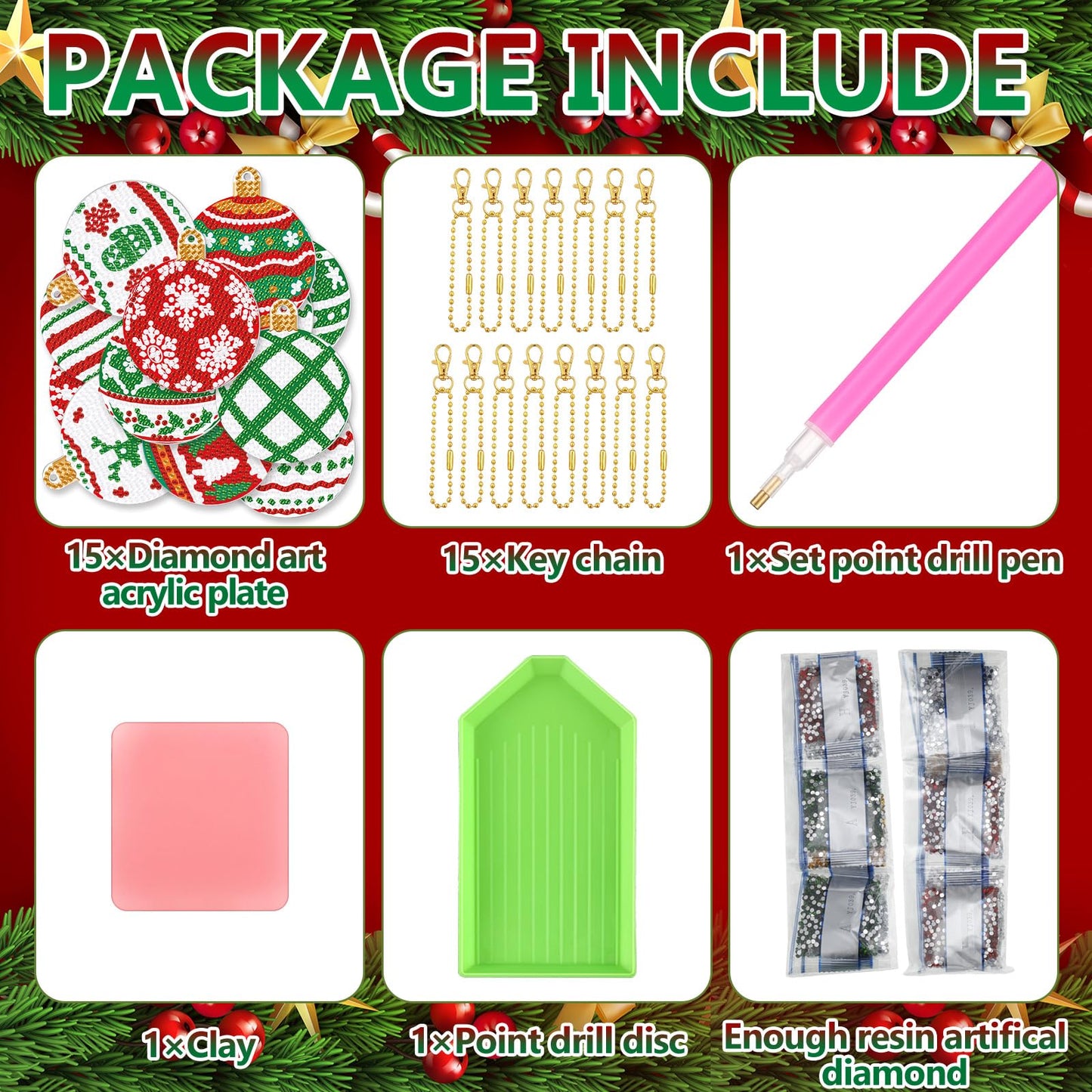 Yuxung 15 Pcs Christmas Diamond DIY Keychain 5D DIY Xmas Diamond Art Kit Hanging Decor Ornament Double Side Diamond Art Christmas Ornament for Art Christmas Craft(Classic)