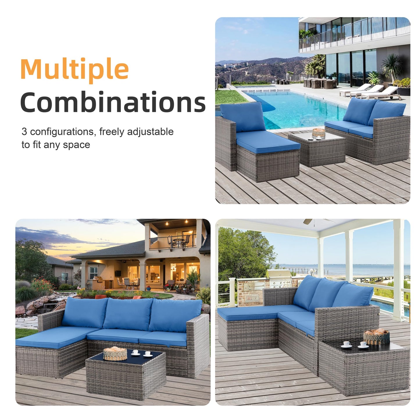 Shintenchi 4 Pieces Patio Furniture Sets, Outdoor Sofa Patio Sectional Sets All Weather, 2-in-1 Wicker Rattan Seating Sofa Couch with Cushions & Coffee Table for Yard, Garden, Porch, Poolside (Blue)