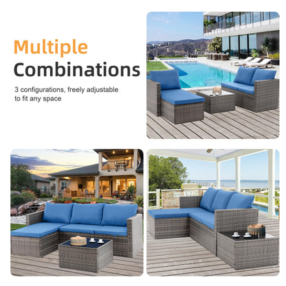 Shintenchi 4 Pieces Patio Furniture Sets, Outdoor Sofa Patio Sectional Sets All Weather, 2-in-1 Wicker Rattan Sofa Couch with Cushions & Coffee Table for Yard, Garden, Porch, Poolside (Navy Blue)