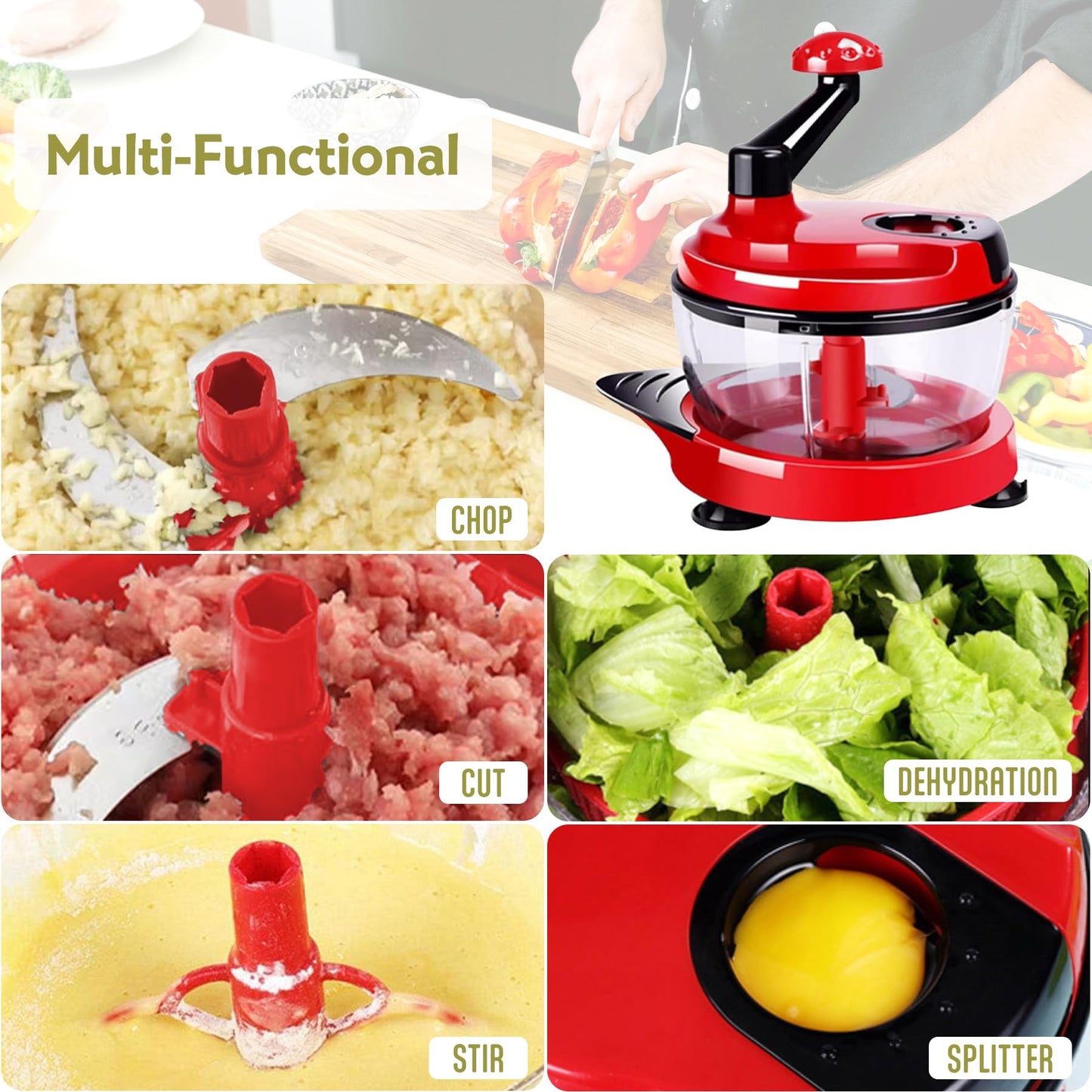 Multi-Functional Manual Food Chopper Processor, 8-Cup Capacity, Hand-Powered Kitchen Helper with 420 Stainless Steel Blades, for Chopping Vegetables, Nuts, Meat & Salsa