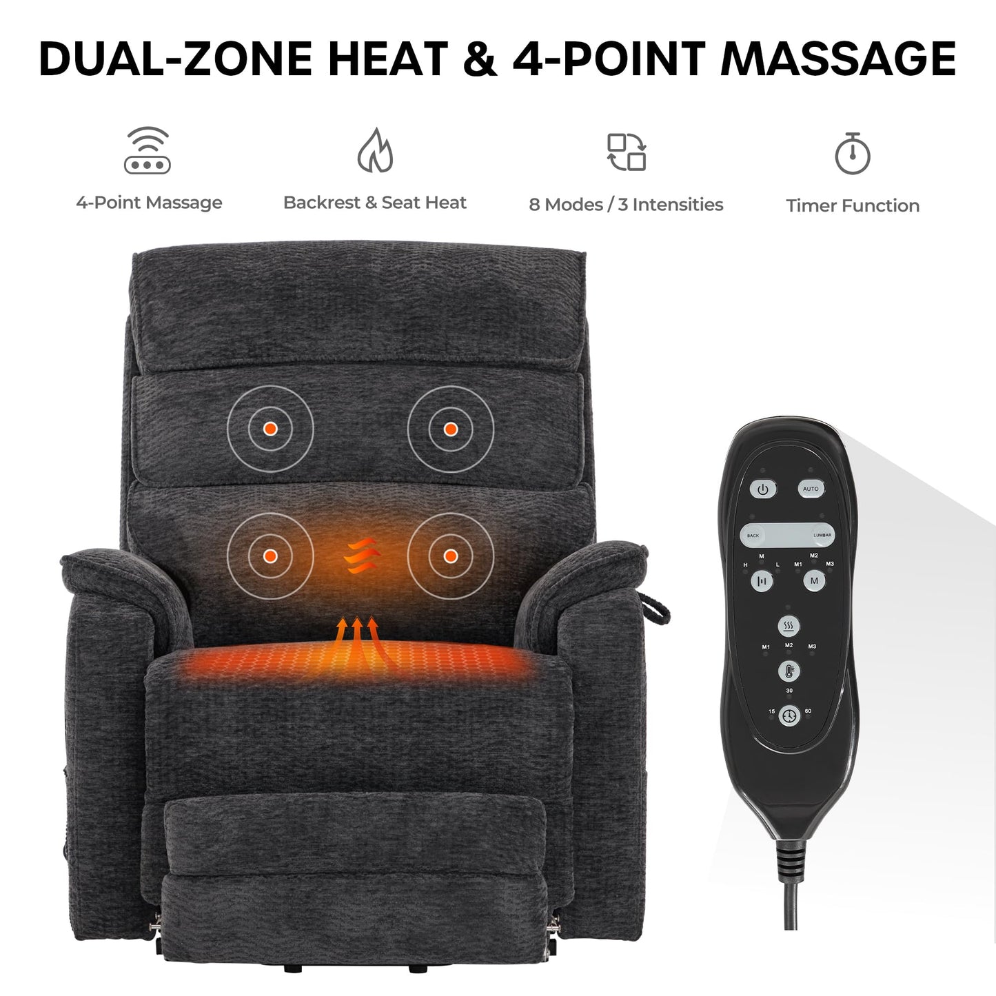 DYNOX 400 LBS Big Tall Man Large-Wide Power Dual Motor Lift Recliners Chairs for Elderly, Lay Flat Lift Chair with Infinite Positions, Heat & Massage, Extended Footrest (9298L, Chenille, Grey)