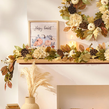 DecorbyHannah Thanksgiving Garland with Lights, 6 ft Artificial Fall Autumn Harvest Garland for Mantel, Fall Decor with Pumpkin Pinecone Lotus Maple Leaves for Front Door Table Fireplace Wall Outdoor