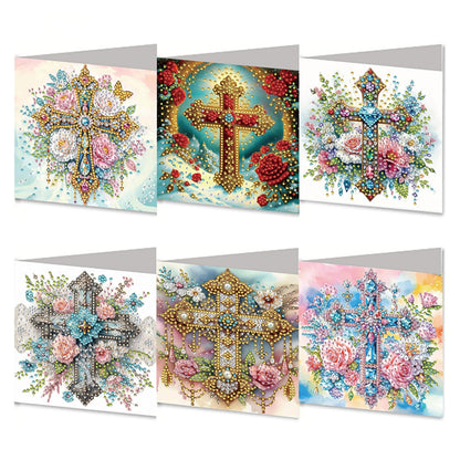 MaiYiYi 6 Pack DIY Cross Diamond Painting Greeting Cards Kit, Cross Flower Diamond Art Greeting Cards, Rose Diamond Art Cards with Envelopes for Family Friends Holiday Birthday
