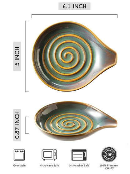 LAUCHUH Spoon Rest for Kitchen Counter,5" Spoon Holder for Kitchen Counter Stove Top Ceramic Spatula Holder for Mother's Day, Ladle, Spatula, Spoons or Tongs, Unique Green