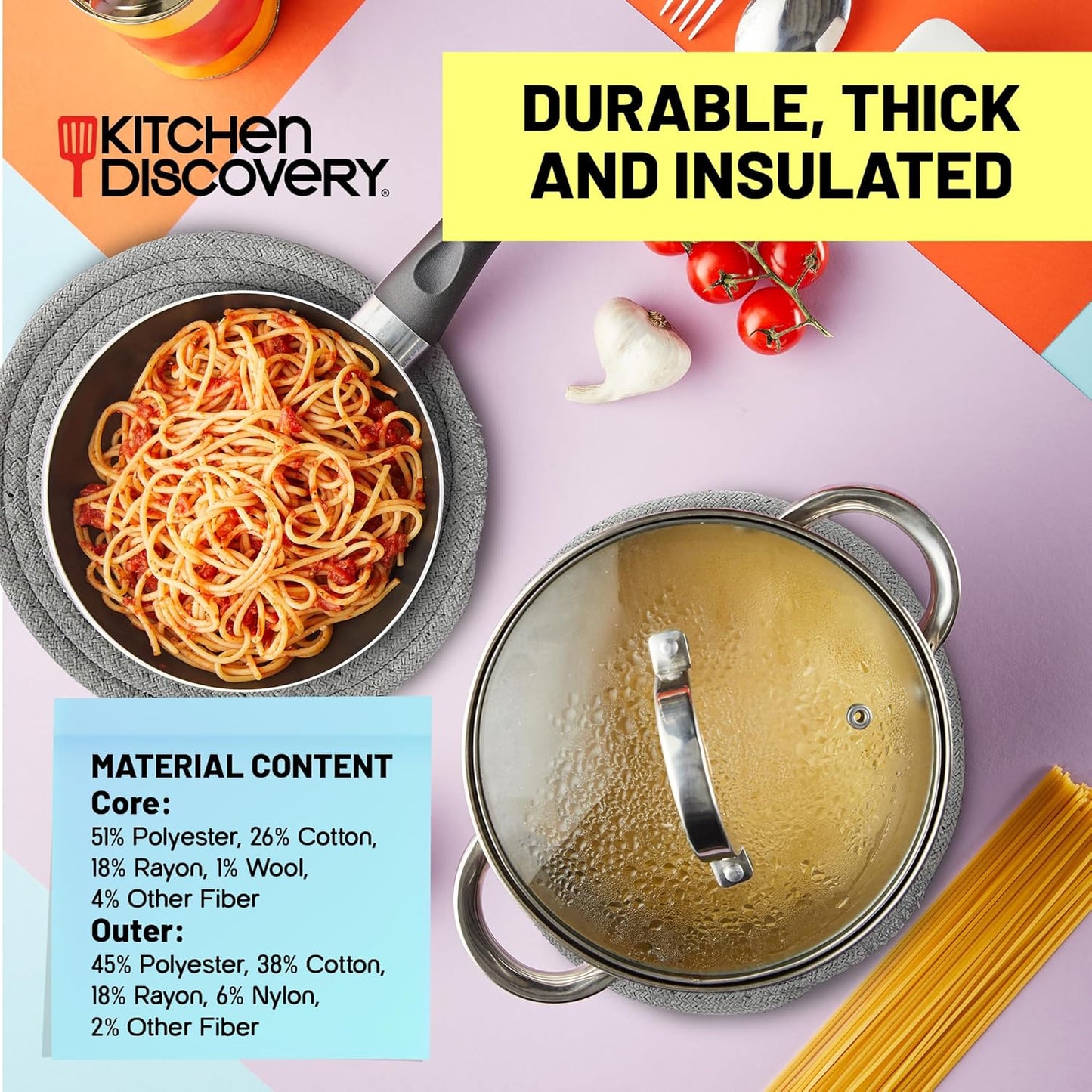 Trivets for Hot Pots and Pans, Kitchen Discovery 8" Chenille Trivets, Set of 3 Large Woven Hot Holders