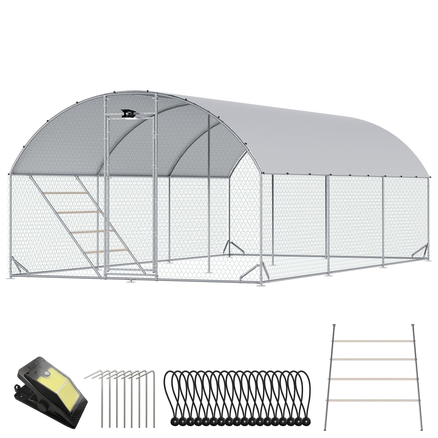 Chicken Coop Large Metal Chicken Run with Full-Top Waterproof Cover - Chicken House for 24/30 Chickens, Poultry Cage with Solar Light, Backside Poles, Walk-in Pen for Rabbits Ducks Yard 3 Room