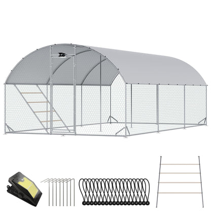 Chicken Coop Large Metal Chicken Run with Full-Top Waterproof Cover - Chicken House for 24/30 Chickens, Poultry Cage with Solar Light, Backside Poles, Walk-in Pen for Rabbits Ducks Yard 3 Room