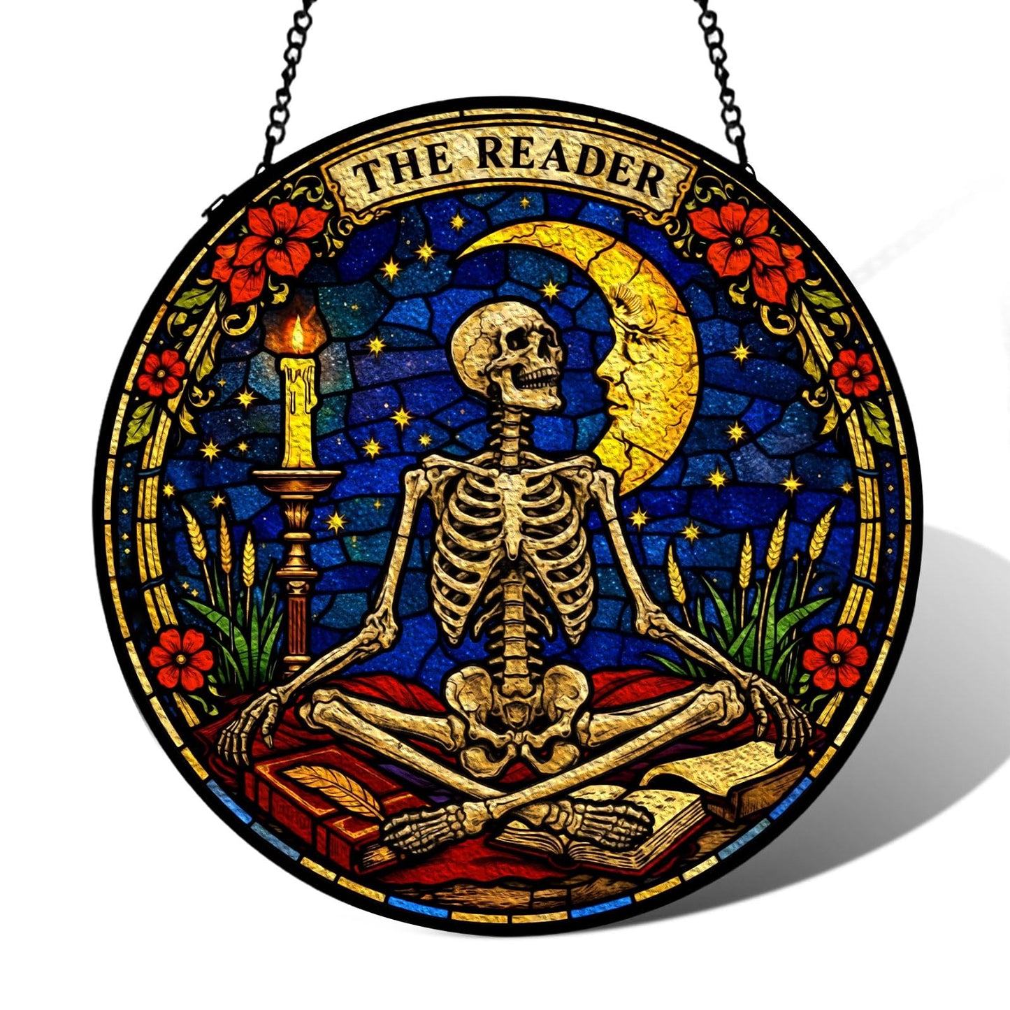 365RUSTIC The Reader Skeleton Suncatcher Stained Glass Window Hanging Gothic Tarot Wall Art Skull Gifts for Adults, Dark Humor Horror Book Lover Gift Moon Skeleton Decor Birthday for Women 7.8 in