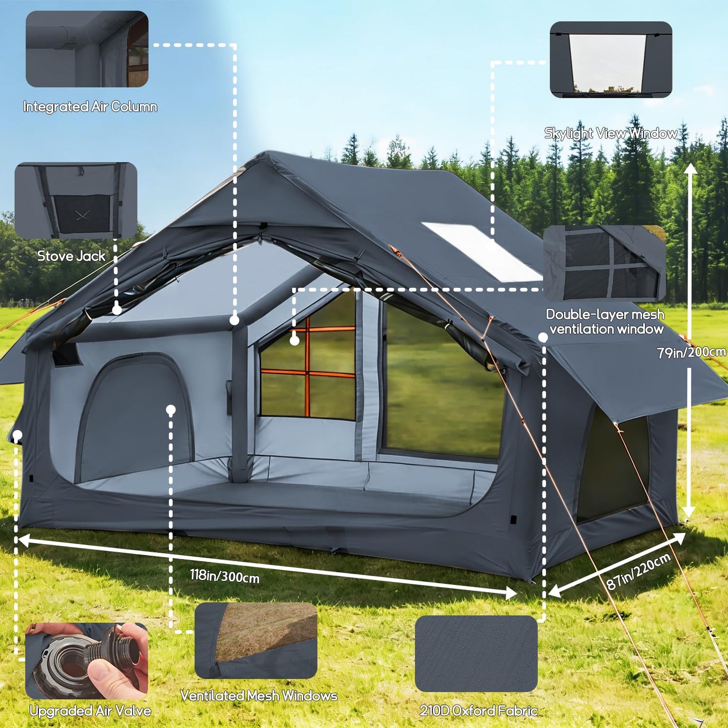 AORZCOR Inflatable Camping Tent with Stove Jack, 2-4 Person, Glamping Tents House, Easy Setup Tent for 4 Seasons, Waterproof Inflatable Hot Tent (Grey)