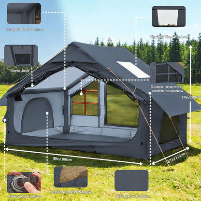 AORZCOR Inflatable Camping Tent with Stove Jack, 2-4 Person, Glamping Tents House, Easy Setup Tent for 4 Seasons, Waterproof Inflatable Hot Tent (Grey)