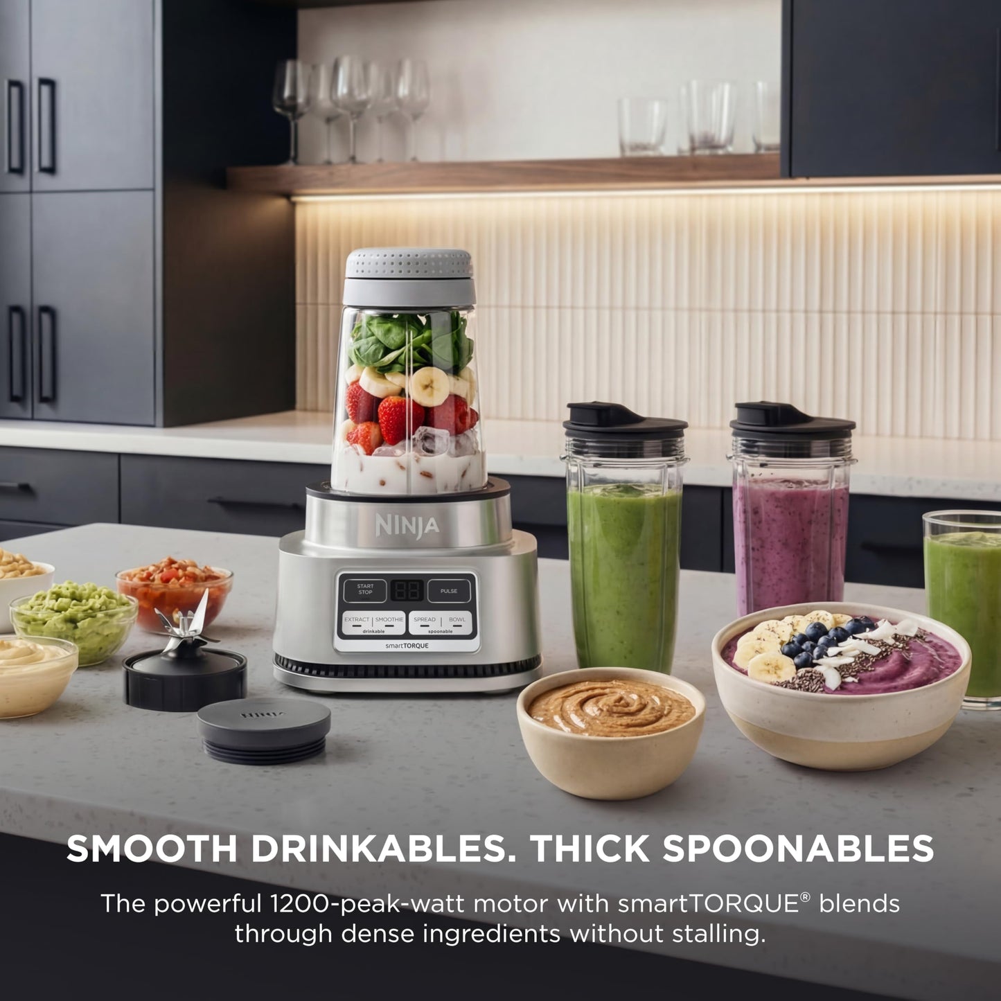 Ninja Foodi Blender | Personal Smoothie Maker, Mixer | Includes Hybrid Blades, (2) 24 oz. To-Go Cups with Lids, (1) 14 oz. Smoothie Bowl Maker with Storage Lid | Silver | 1200 Peak Watt | SS101