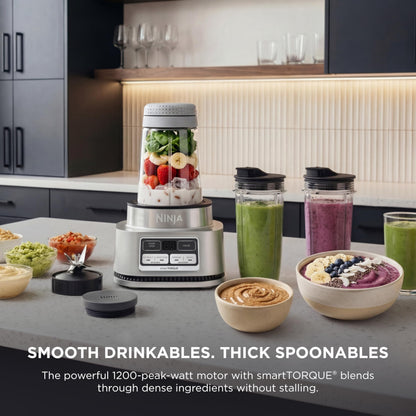 Ninja Foodi Blender | Personal Smoothie Maker, Mixer | Includes Hybrid Blades, (2) 24 oz. To-Go Cups with Lids, (1) 14 oz. Smoothie Bowl Maker with Storage Lid | Silver | 1200 Peak Watt | SS101