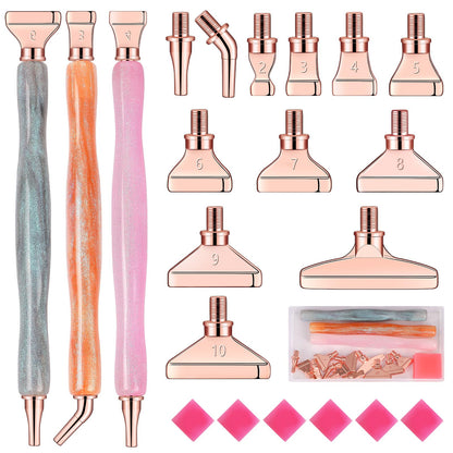 Snewvie Diamond Painting Pen Accessories Tools Set,3PCS Glitter Diamond Art Pen and 12Pcs Rosegold Metal Screw Thread Multi Placer Tips,Resin Diamond Painting Drill Pens for DIY Diamond Art