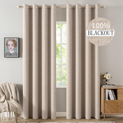 MIULEE 100% Blackout Linen Textured Curtains - Extra Long 100" Thermal Insulated Natural Beige | Luxury Room Darkening Drapes (2 Panels)