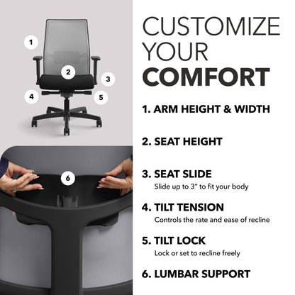 HON Ignition 2.0 Ergonomic Office Chair Fabric Seat, Adjustable Tilt, Swivel Wheels, Comfy for Long Hours, Home Office Desk Chairs, Fog