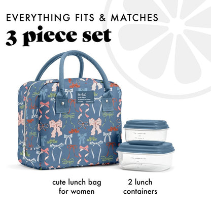 Fit & Fresh Bloomington Lunch Bag for Women - Insulated Large Lunch Box for Work with Containers, Leak-Resistant, Stain-Resistant, Zipper Closure, Denim Bows