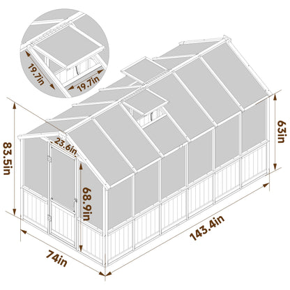 Yardenaler 6x12 FT Greenhouse Kit, Wood Greenhouses with 6MM Thick Polycarbonate Panel for Outdoor, Walk-in Green House with Lockable Door & Adjustable Roof Vent, Backyard, Garden, Light Mocha Brown