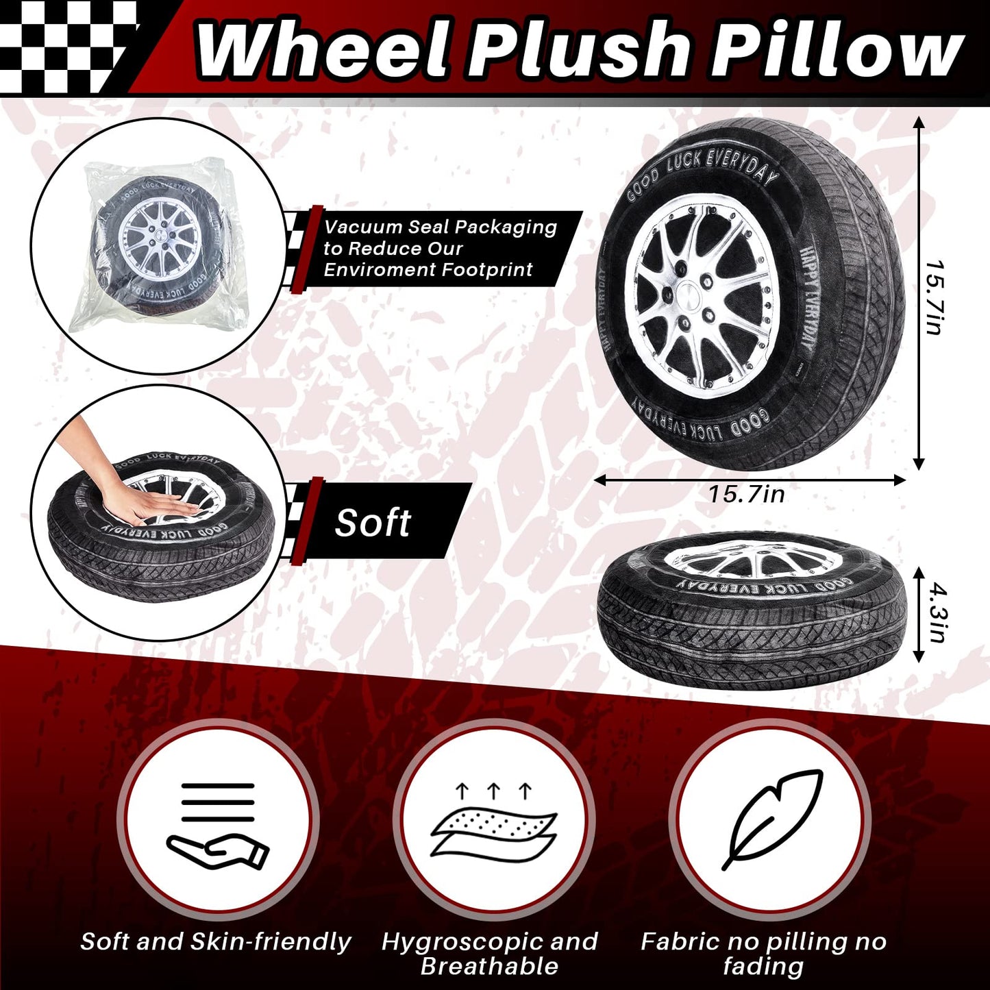 Meooeck 1 Pc Race Car Room Decor 3D Simulation Wheel Plush Pillow, 15.7 Inch Car Tire Big Soft Pillow Wheel Sofa Seat Toy for Boys Funny Bedroom Decorations Race Cars Party Gift (Classical)